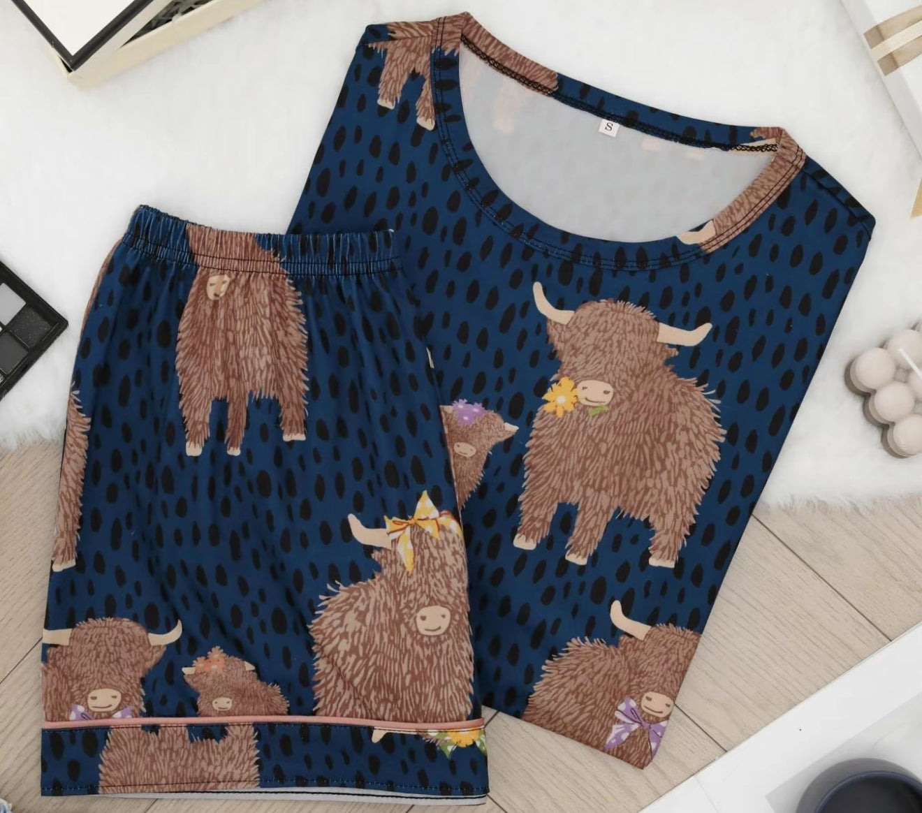 Highland Cow Tshirt & Shorts Navy PJS