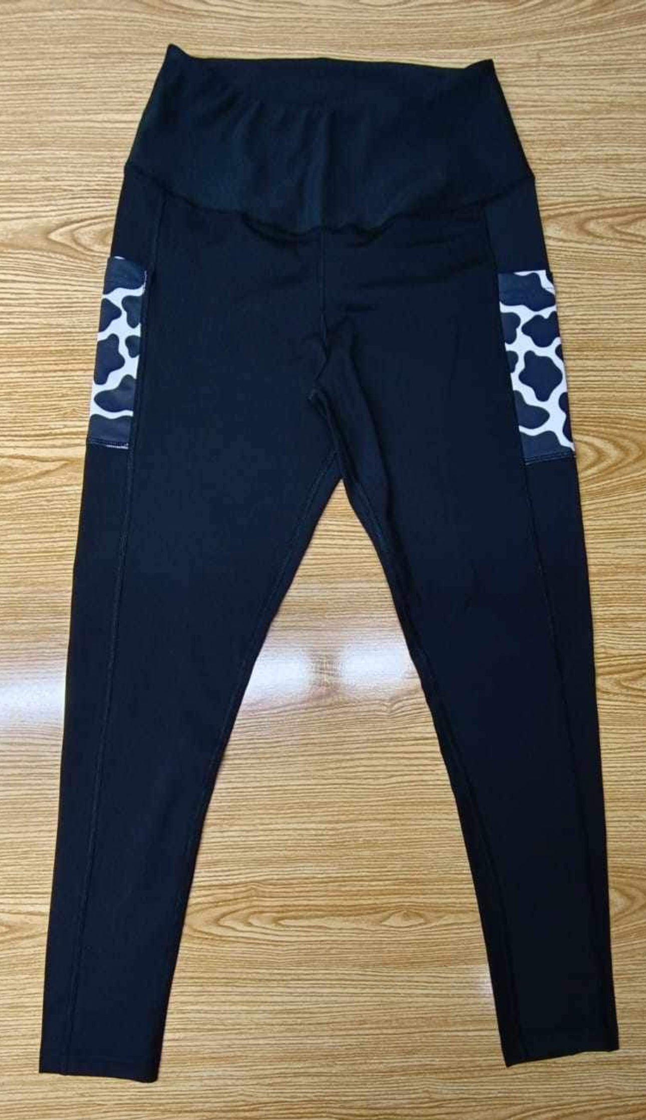 Black Leggings with Cow Print Pocket