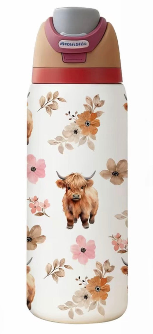 NEW ~ Highland Cow Floral Flask