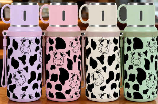 NEW ~ Stainless Steel Cow Flask With Cup 20oz
