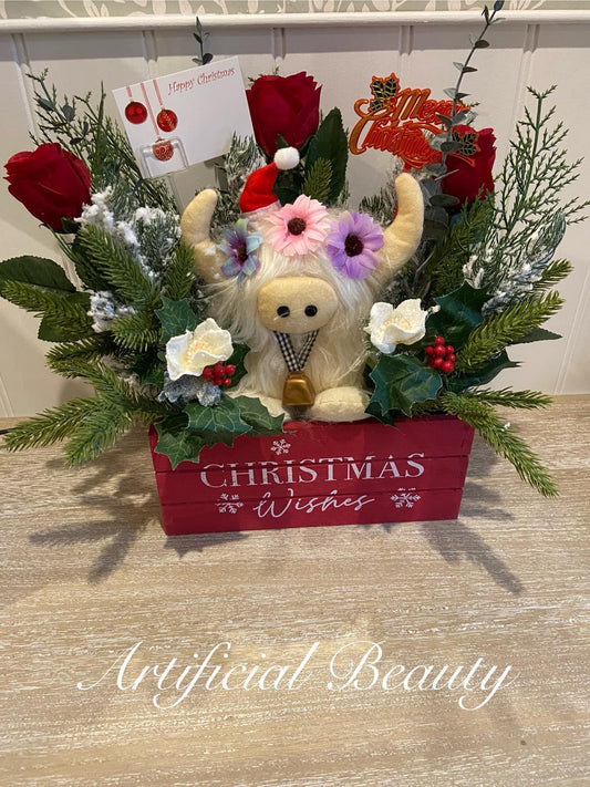 White Highland Cow Christmas Arrangement